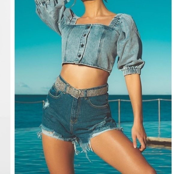 NWT Pretty Little Thing Mid Blue Wash Ripped Denim Shorts - Picture 5 of 6